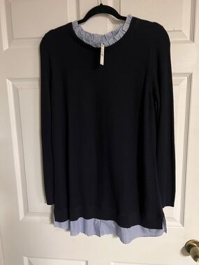 Talbots Navy Sweater with Blue Stripe Collar and Hem